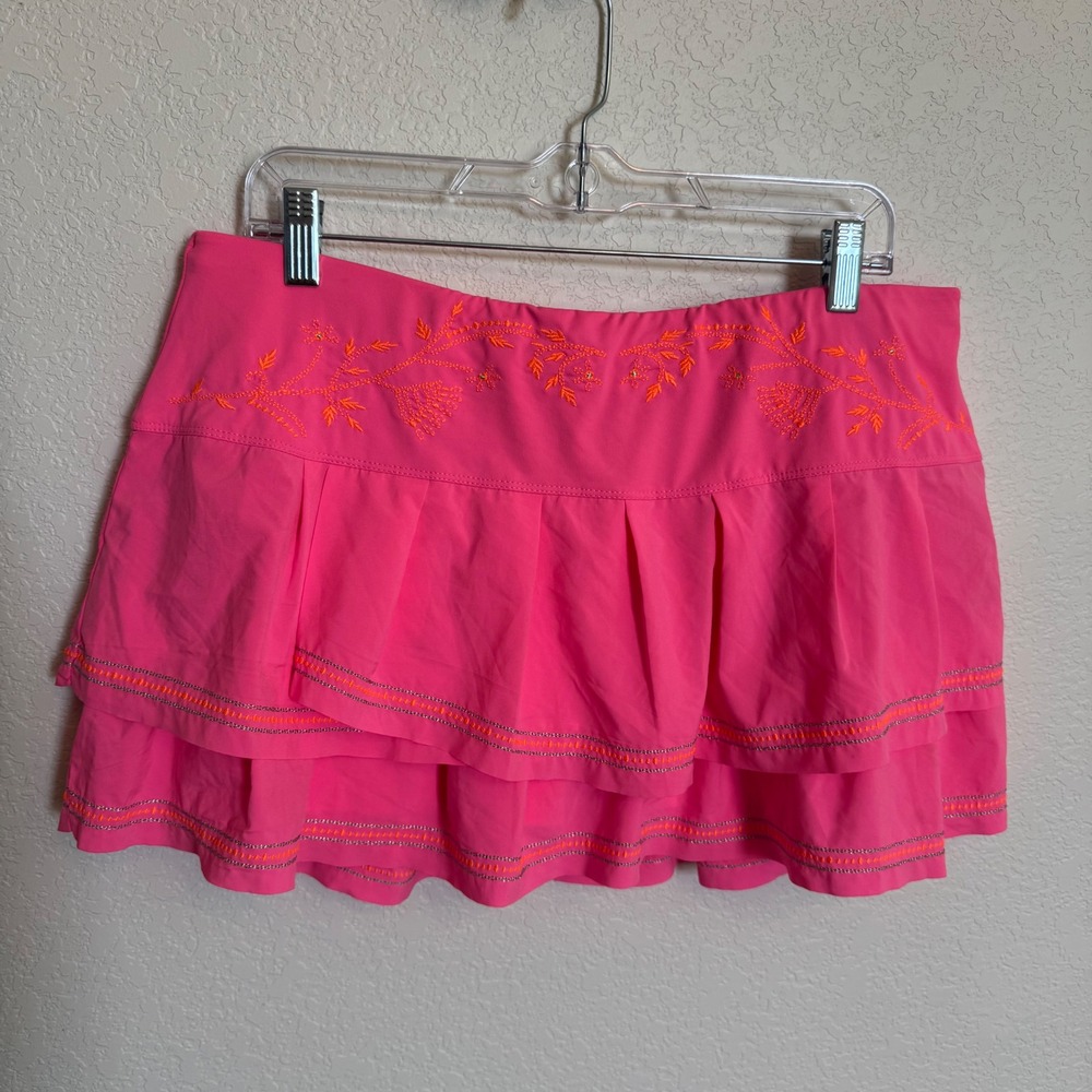 Tennis Skort Coquette Neon Embroidered Lucky in Love Ruffle Skirt XL Pink